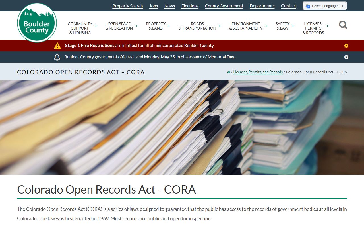 Boulder County Colorado Open Records Act request page
