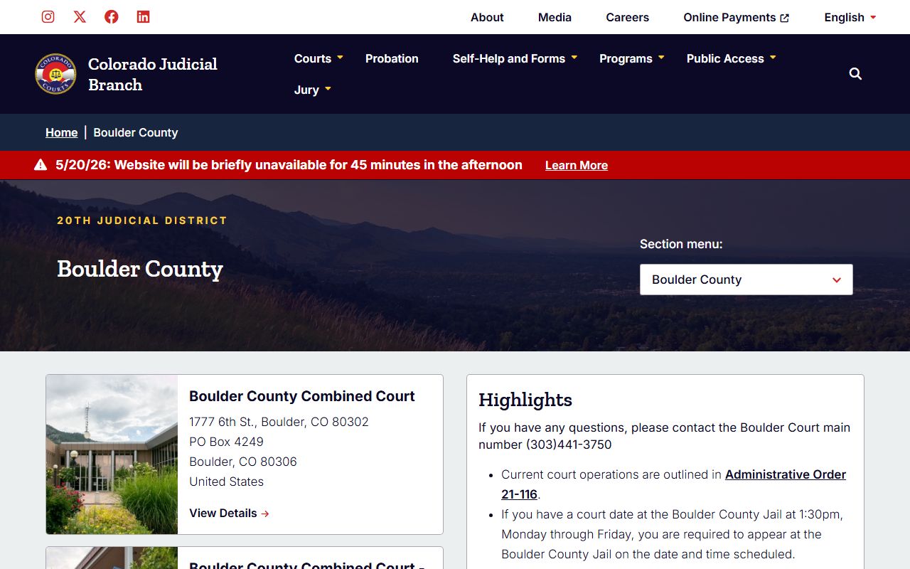 Boulder County 20th Judicial District court home page