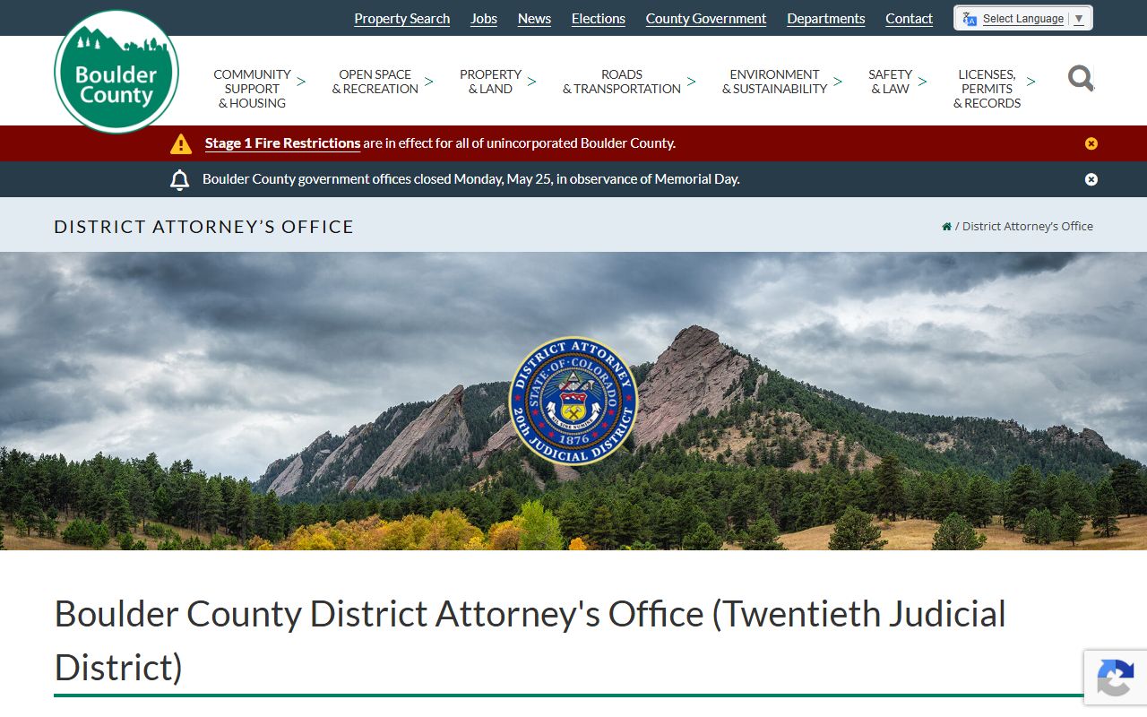 Boulder County District Attorney homepage for the 20th Judicial District.