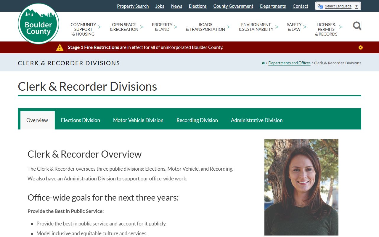 Boulder County Clerk and Recorder divisions for elections, motor vehicle, and recording