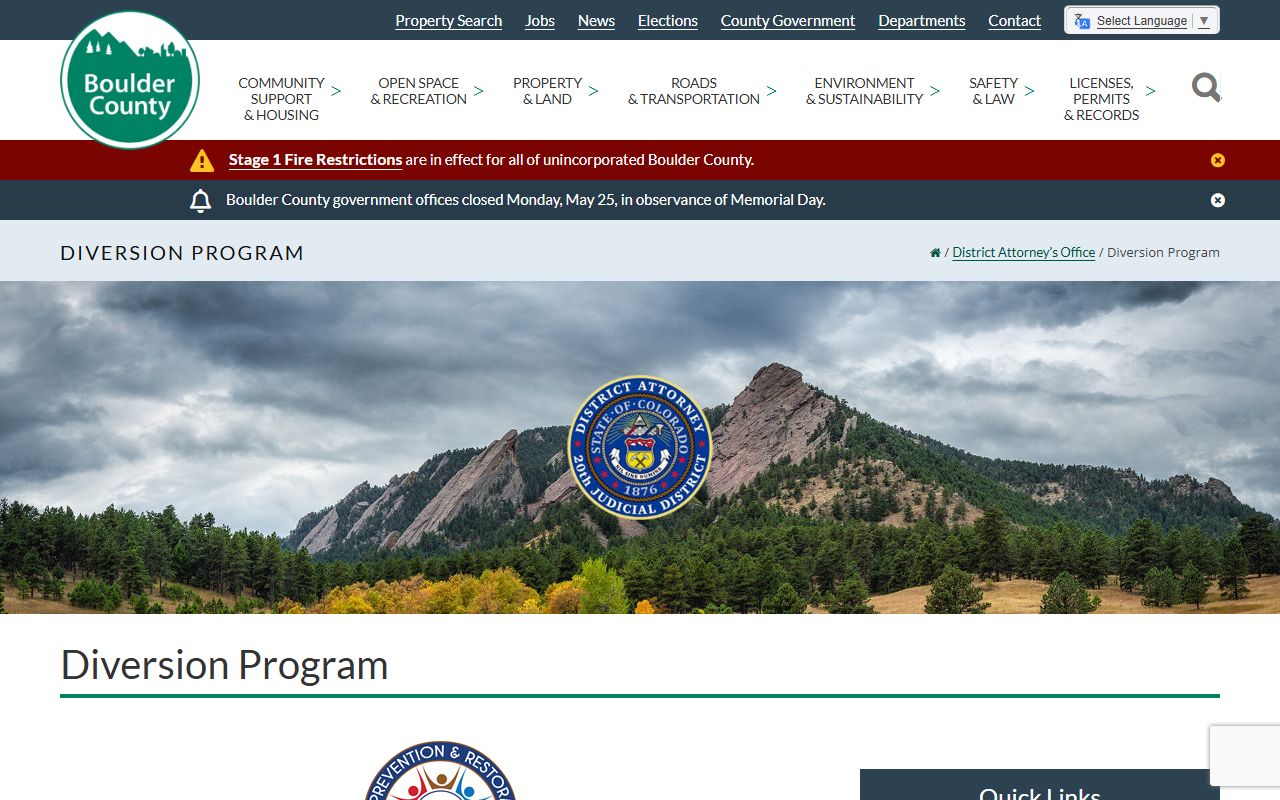 Boulder DA Center for Prevention and Restorative Justice diversion page explaining auto-sealing under Colorado law.