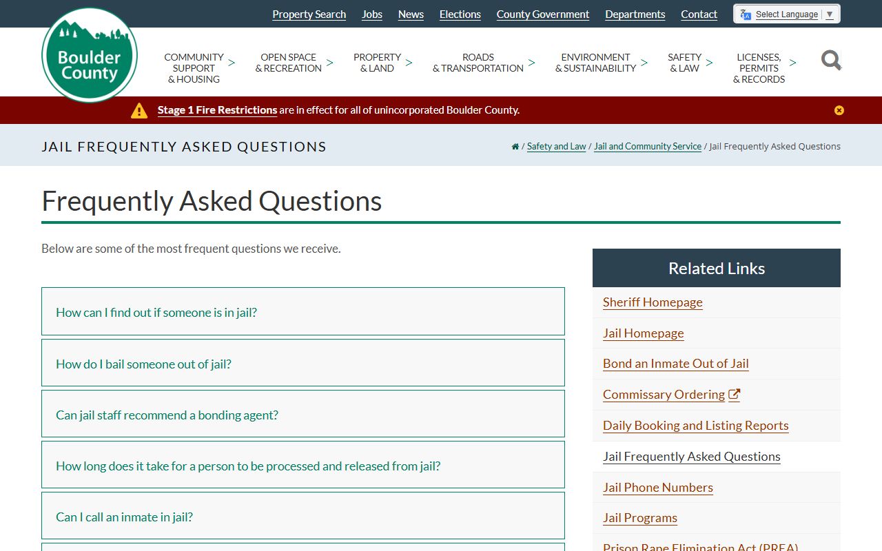 Boulder County jail FAQ page with inmate search, bonding, calls, mail, and commissary deposit details