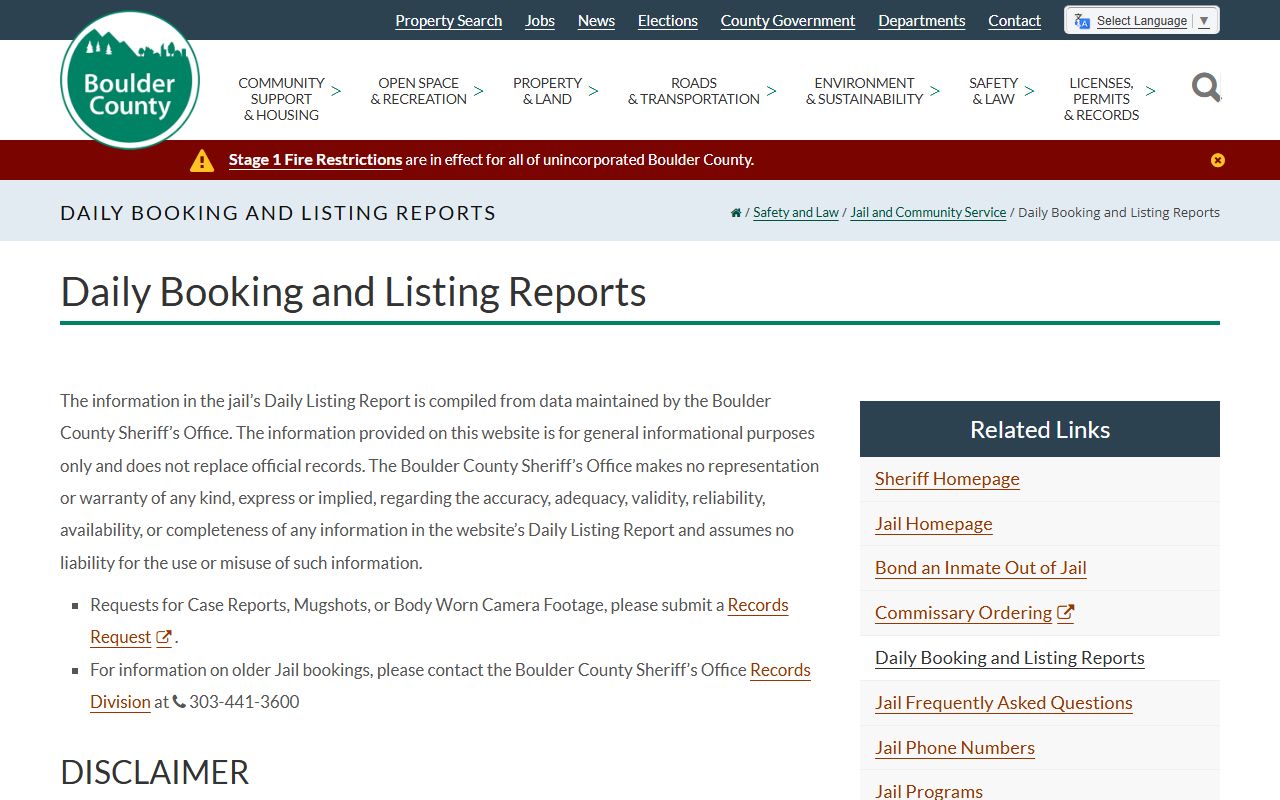 Boulder County Daily Booking and Listing Reports disclaimer and Continue link