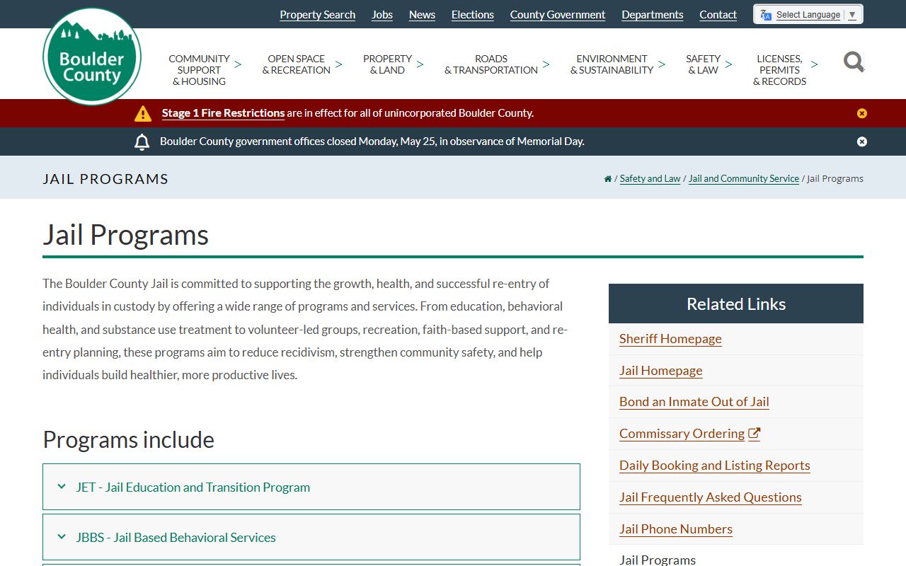 Boulder County jail programs page with inmate worker, library, reentry, and transitional housing information