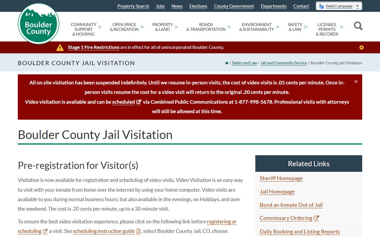 Boulder County jail visitation page with video visit rules and Combined Public Communications scheduling