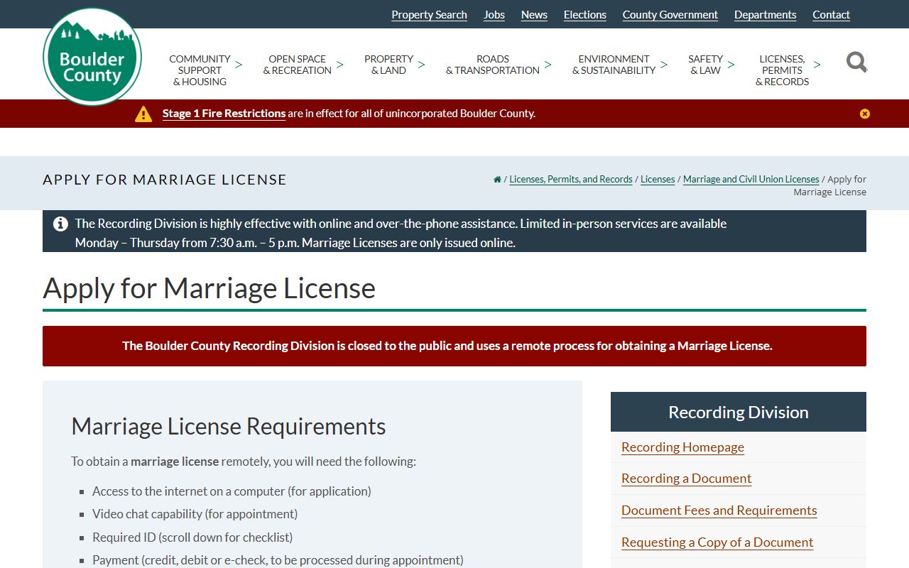 Boulder County remote marriage license application page with steps, fee, ID checklist, and return instructions
