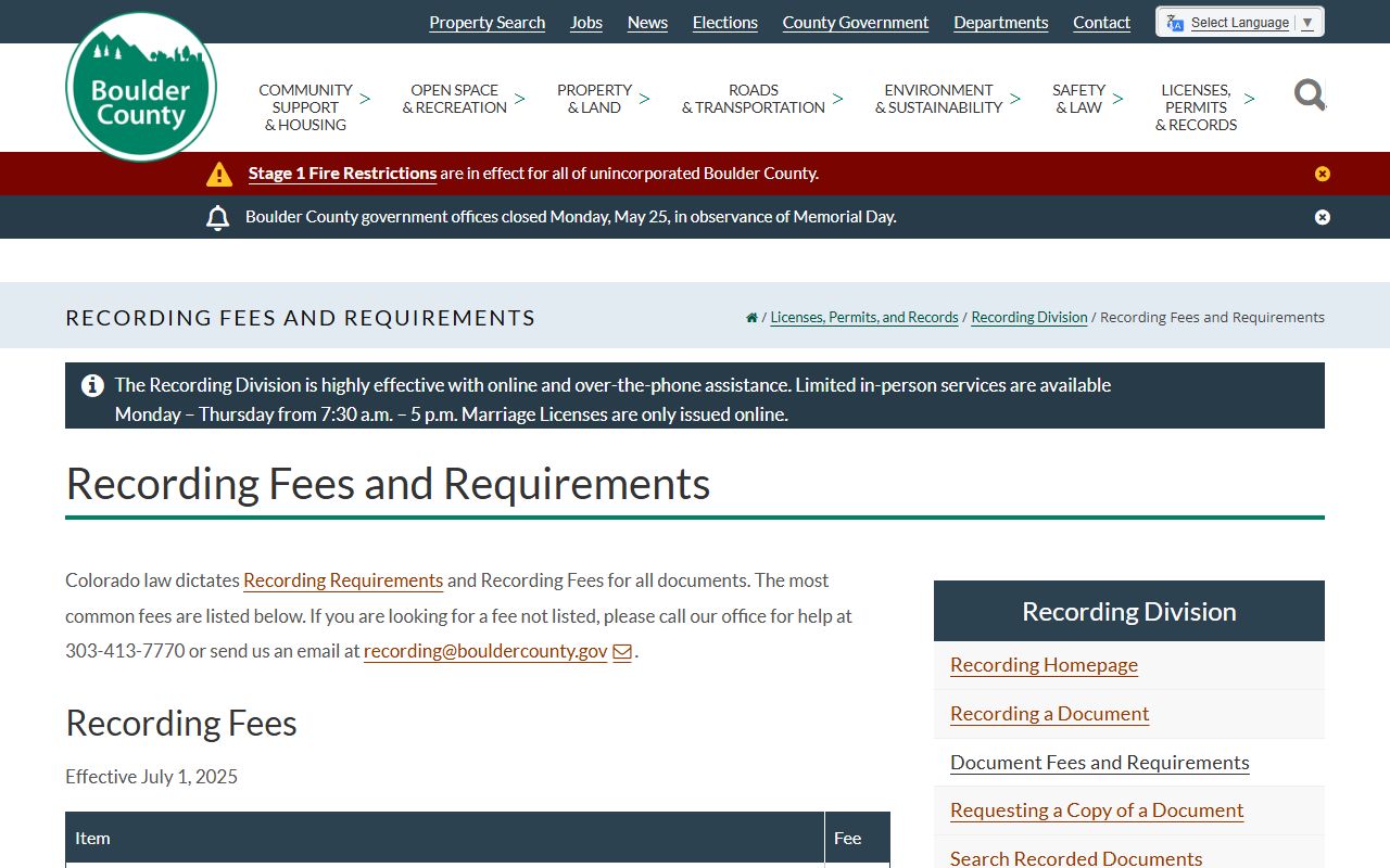 Boulder County Recording Division fee table effective July 1, 2025 with marriage license and certified copy fees