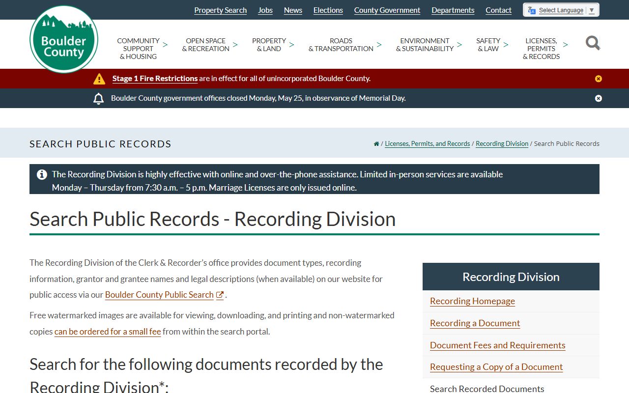 Boulder County Recording Division public search page listing document categories and search tools