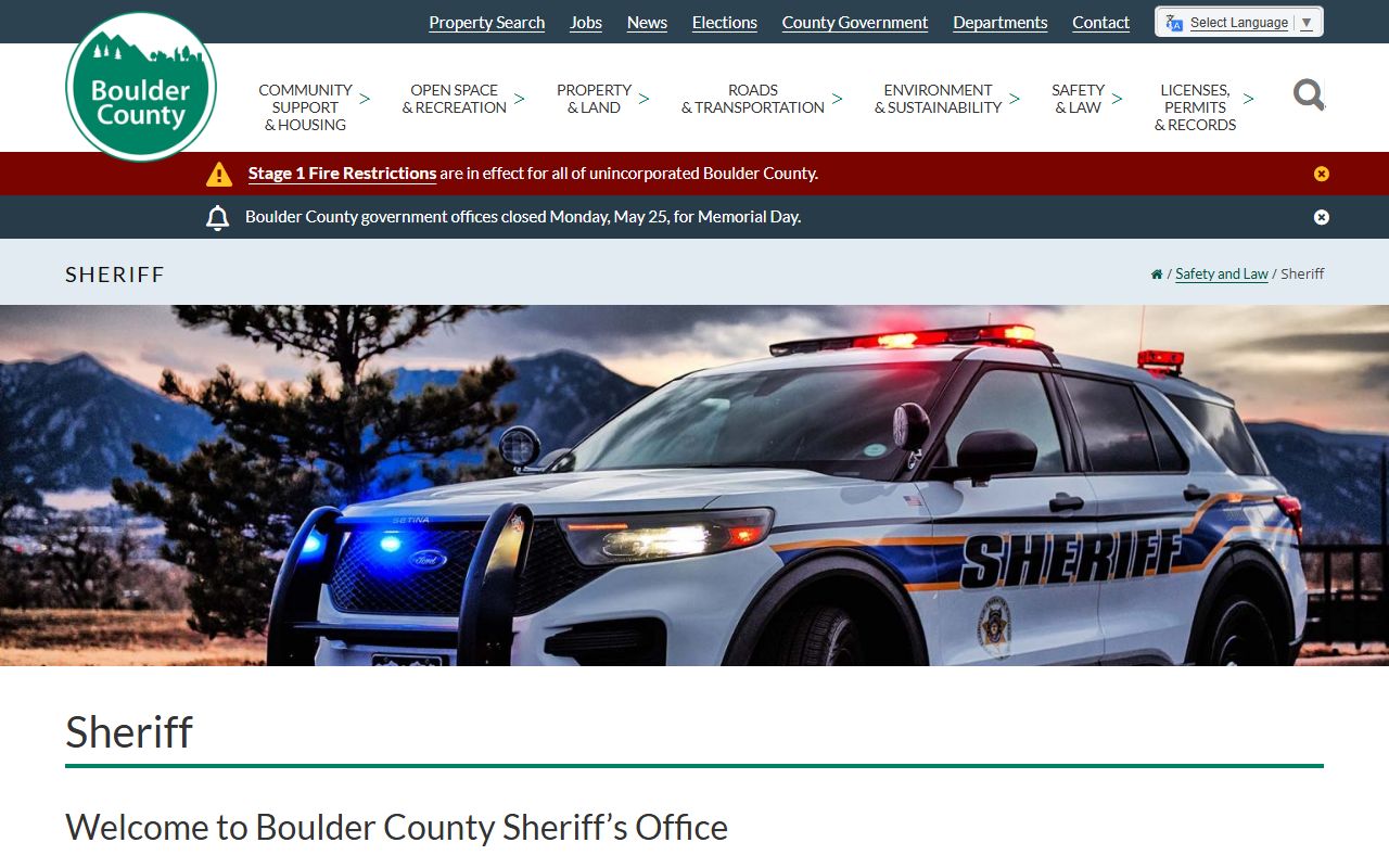 Boulder County Sheriff homepage with Sheriff Curtis Johnson