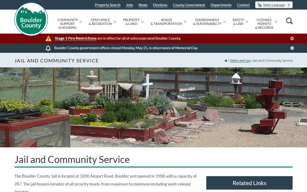 Boulder County Jail and Community Service page showing jail operations and program links