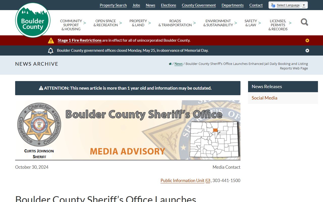 Boulder County Sheriff October 30, 2024 news release announcing enhanced jail population reporting