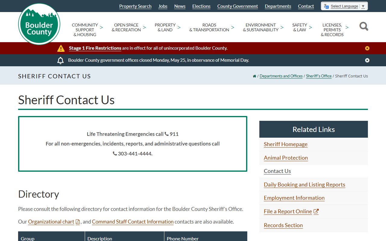 Boulder County Sheriff contact directory listing Civil, Records, Victim Assistance, Warrants, and substation phone numbers