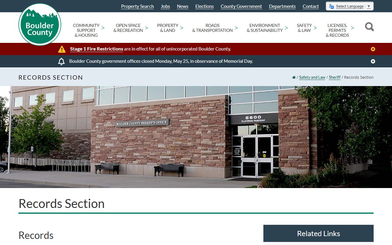 Boulder County Sheriff Records Section page listing reports, jail records, arrest photos, dispatch recordings, and sex offender records.
