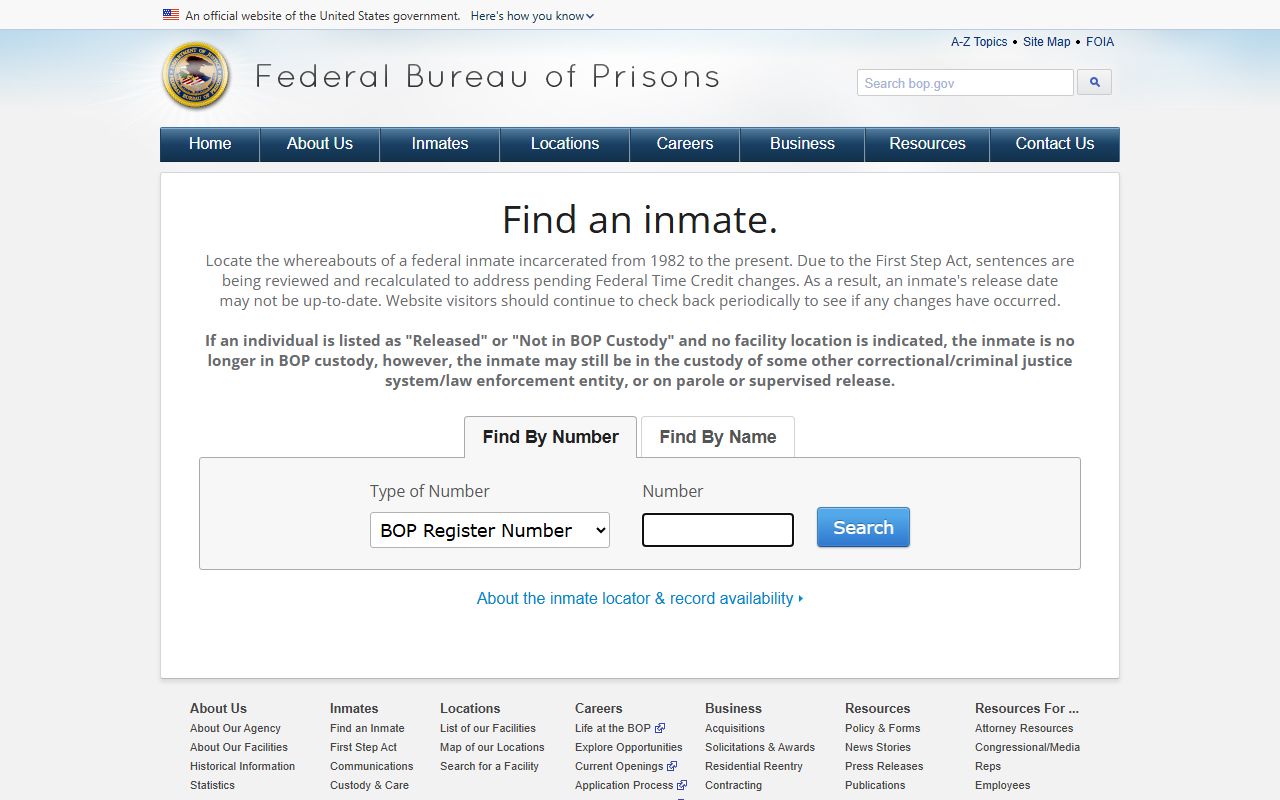 Federal Bureau of Prisons inmate locator search form with number and name fields