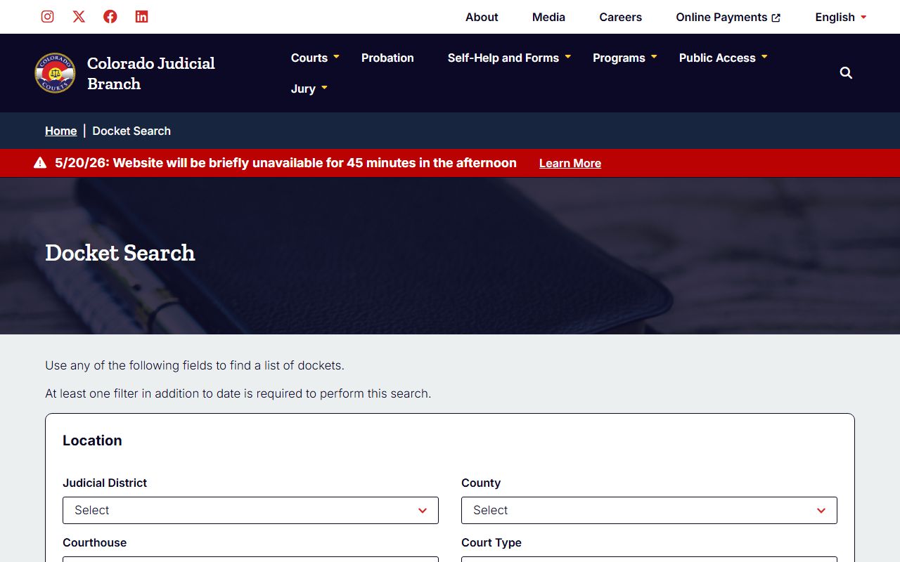 Colorado Judicial Branch statewide docket search form with filters for Boulder County court dockets