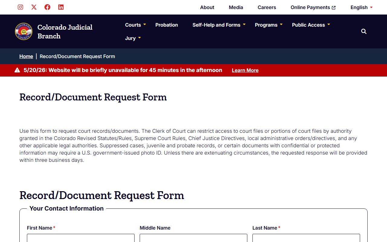 Colorado Judicial Branch Court Record Document Request Form for Boulder County traffic files